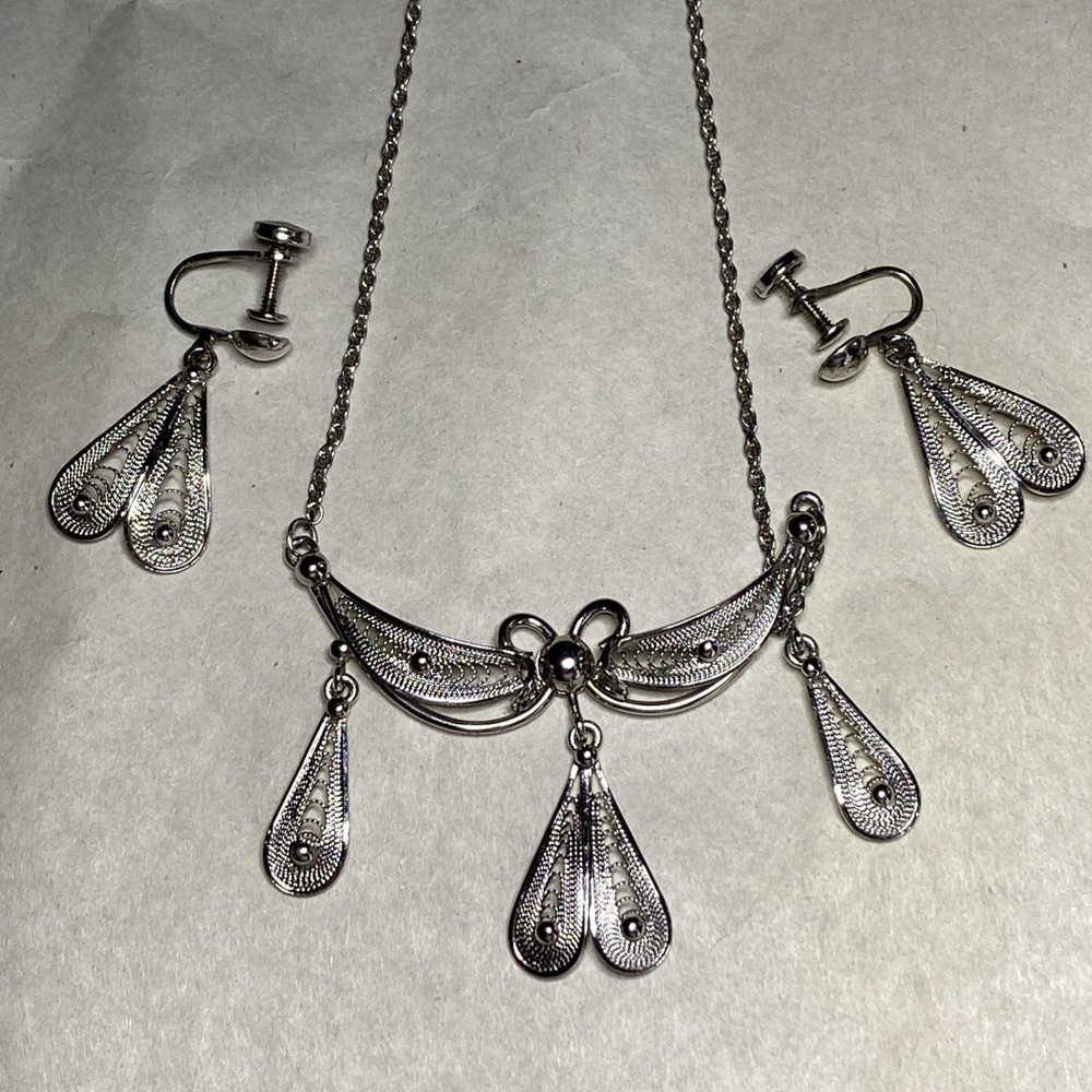 Sorento Sterling Filigree Necklace & Pin Back Earrings Set Teardrop